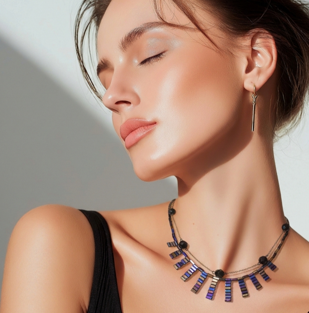Czech bugle bead necklace crystal iridescent blue black beads 🆕